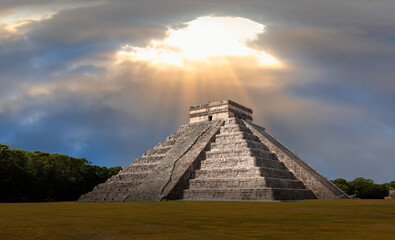 The pyramid of Kukulcan in the Mexican city of Chichen Itza at amazing sunset - Yucatan, Mexico