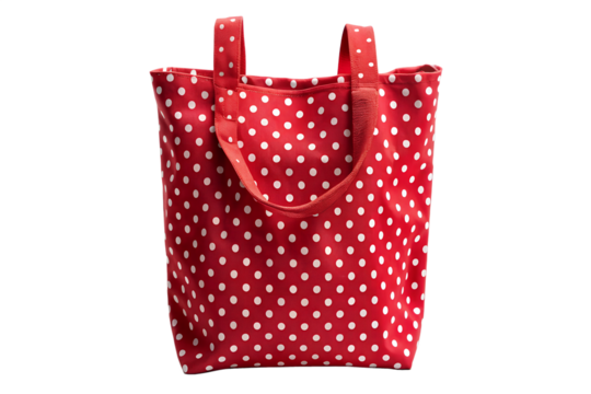 A simple red tote bag with white polka dots and two handles, perfect for everyday use or as a shopping companion, showcasing a classic and cheerful design