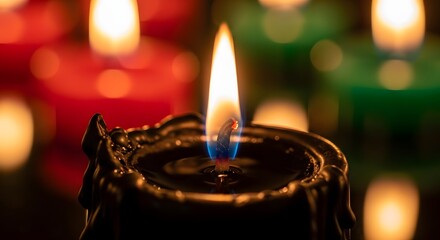 Closeup of a single lit black candle with a bright flame, surrounded by blurred colorful candles in red and green, creating a warm and festive atmosphere