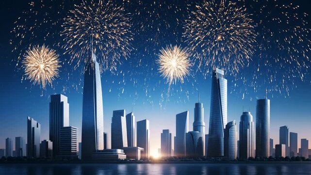 Fireworks explode over modern city skyline at night with reflection on water surface