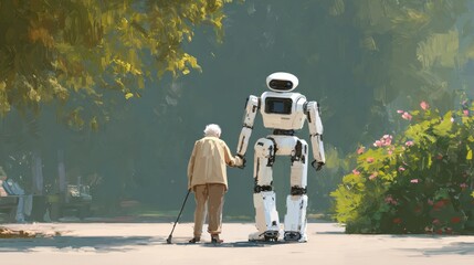 Elderly Woman Walking Hand in Hand with Friendly Humanoid Robot in Park on Sunny Day