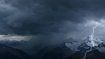 The interplay of light and shadow as lightning illuminates a vast, rugged landscape, emphasizing environmental drama. Highlighting the stark contrast and sudden brilliance across a natural vista.
