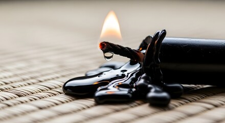 Closeup of a burning black candle with melted wax and a dripping drop of wax on a textured surface