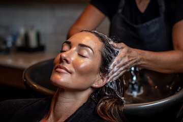 Woman relaxing getting hair washed at salon