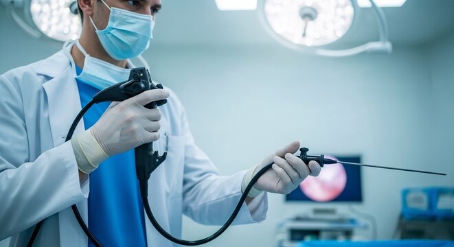 Doctor holding endoscope in modern medical operating room  
