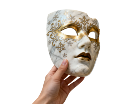Hand holding an ornate antique venetian theater mask with intricate gold details isolated on transparent background