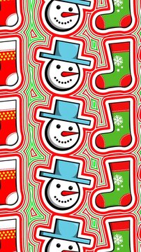 Seamless animation of illustration of icemen and socks with lines wave effect. Hypnotic Christmas background.