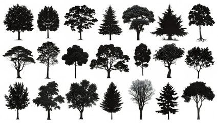 Collection of twenty four tree silhouettes isolated on transparent background