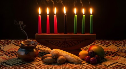 Kwanzaa kinara with seven candles lit, corn, fruits, and incense burner on a traditional mat