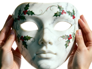 Ornate white masquerade mask with holly and berry decoration held by hands isolated on transparent background