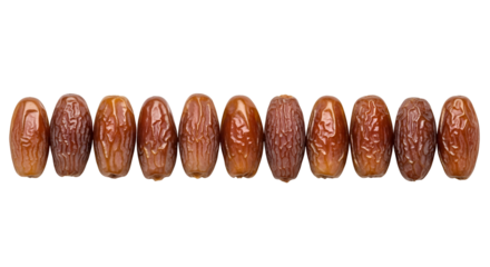 Row of ten brown dried dates with textured skin on black background dried fruit food