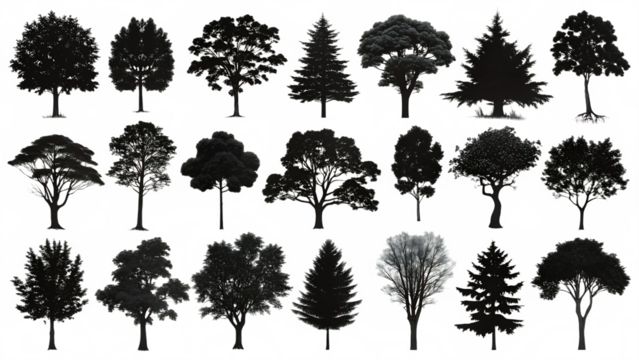 Collection of twenty four tree silhouettes isolated on transparent background - Powered by Adobe