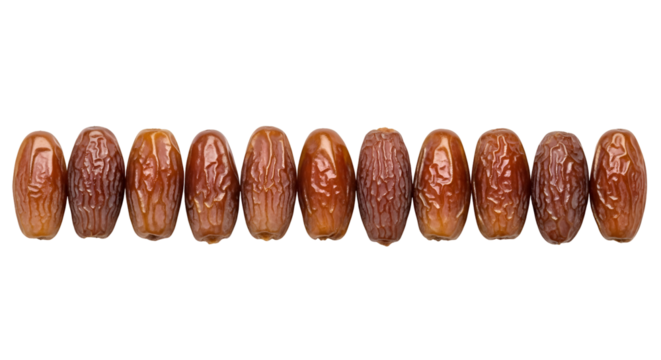 Row of ten brown dried dates with textured skin on black background dried fruit food