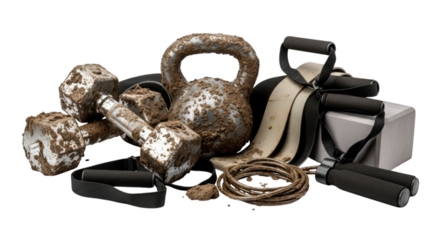 Rugged workout equipment caked in mud, including dumbbells, kettlebell, resistance bands, and jump rope for extreme fitness challenge.