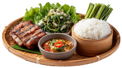 A vibrant meal featuring grilled meat, vegetables, and rice. or transparent background