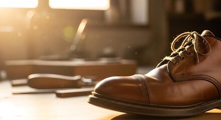Brown Leather Boot Close-up with Shoemaking Tools in Sunlight