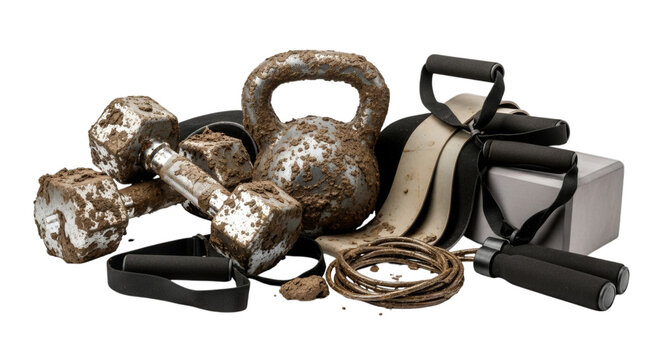 Rugged workout equipment caked in mud, including dumbbells, kettlebell, resistance bands, and jump rope for extreme fitness challenge.