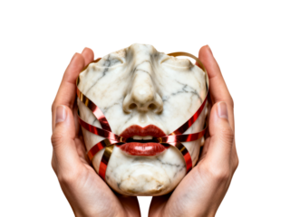 Hands holding a broken mask with red ribbon covering the mouth isolated on transparent background