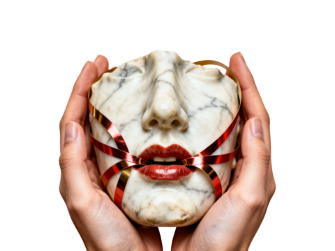 Hands holding a broken mask with red ribbon covering the mouth isolated on transparent background