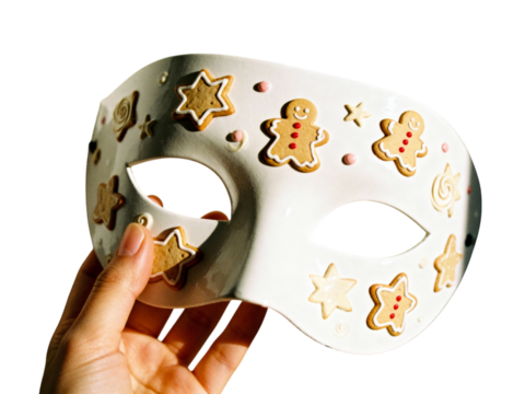 Hand holding a white masquerade mask decorated with gingerbread cookies and stars isolated on transparent background