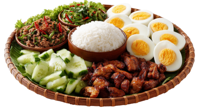 Delicious platter featuring rice, chicken, eggs, and vegetables. or transparent background