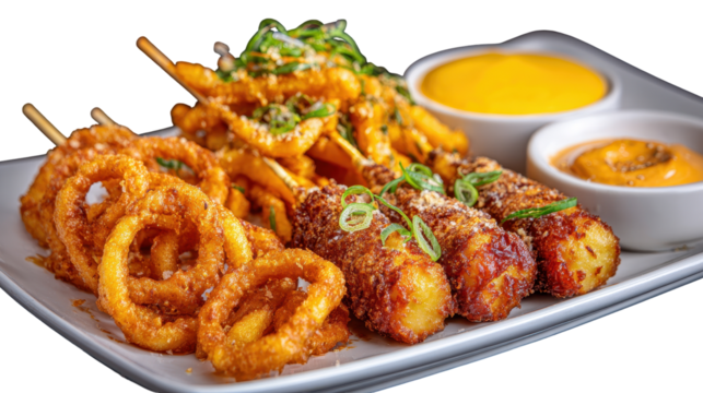 Delicious platter of crispy snacks with sauces on a white plate. or transparent background