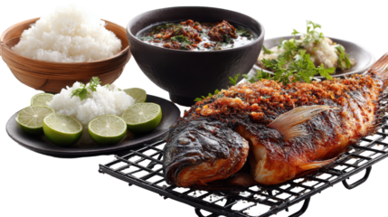 Grilled fish served with rice, lime, and flavorful sides. or transparent background