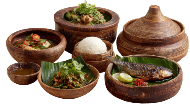 Delicious variety of traditional dishes served in wooden bowls. or transparent background