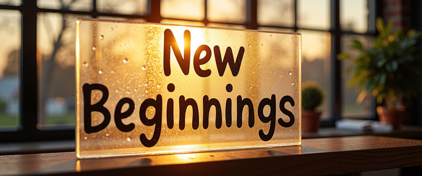 New beginnings written on a glass wall with condensation in sunlight  