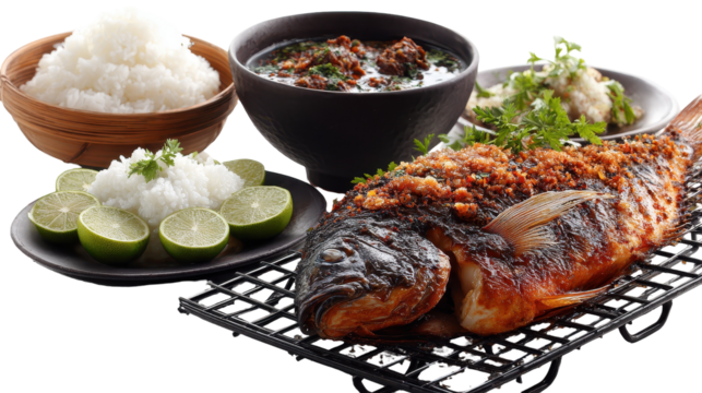 Grilled fish served with rice, lime, and flavorful sides. or transparent background