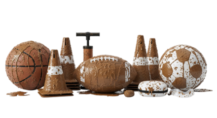 Mud-splattered sports equipment: basketball, football, soccer ball, cones, pump