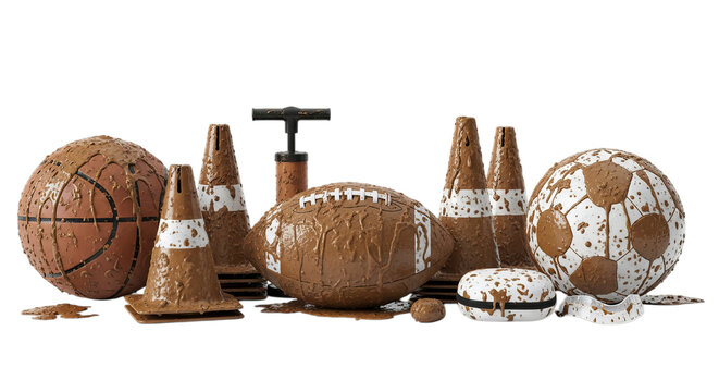 Mud-splattered sports equipment: basketball, football, soccer ball, cones, pump