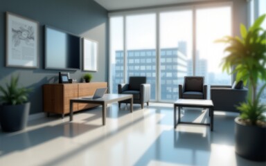 Fototapeta premium Stylish office space with sleek furniture, out of focus. Modern blurred background photo for banner, poster or magazine and website background. High quality