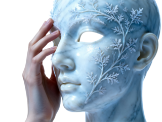 Ethereal frost covered masked face with delicate branch patterns isolated on transparent background