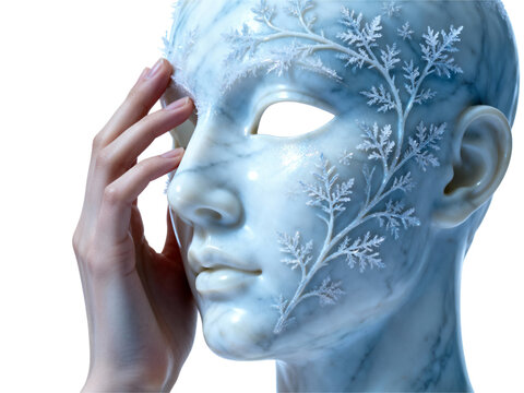 Ethereal frost covered masked face with delicate branch patterns isolated on transparent background
