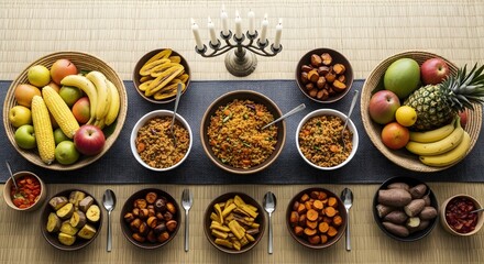 Kwanzaa Feast Flatlay with Fruits, Grains, and Candles