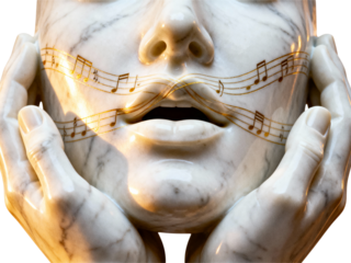 Close up of a marble sculpture of a face with musical notes etched onto it isolated on transparent background