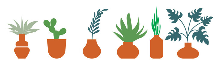 Minimalist plant icons in terracotta pots. Flat vector illustration of various indoor plants in terracotta-colored pots, perfect for modern botanical design, decoration, or eco-themed projects.

