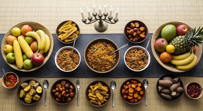 Kwanzaa Feast Flatlay with Fruits, Grains, and Candles