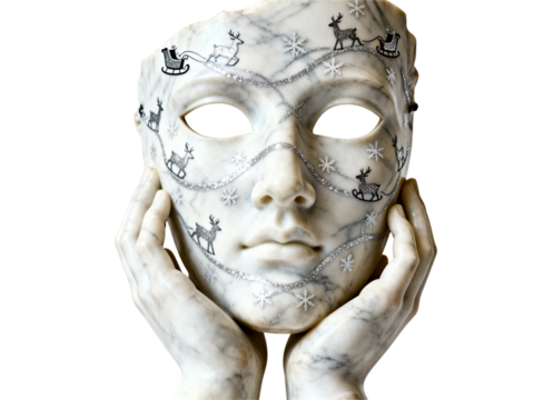 Mysterious white mask with black designs held by pale hands isolated on transparent background