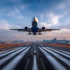Takeoff Action, Commercial Aircraft, International Airport, Photography, Urban Sky, Front View, Embracing Civil Aviation