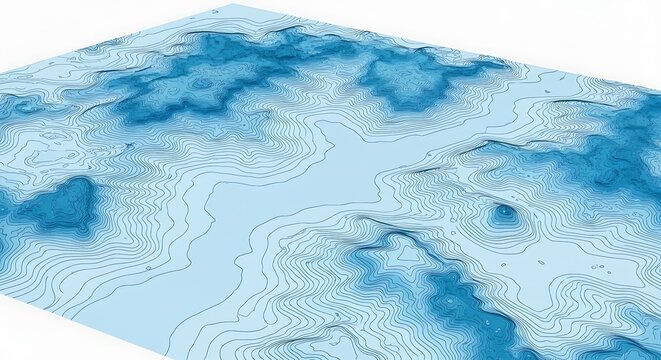 Stylized three-dimensional visualization of a topographic relief map with detailed contour lines on an abstract blue background