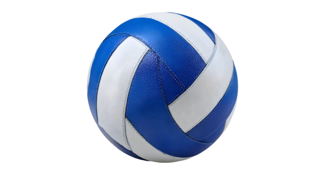 Blue and white volleyball on black background illustrating sports equipment
