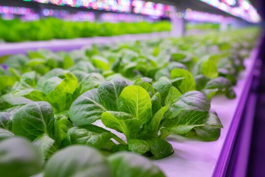 Rows of vibrant green lettuce thriving in a vertical farm under purple LED lights.
