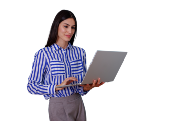 Professional businesswoman holding and typing on laptop, smiling while working with technology, transparent background