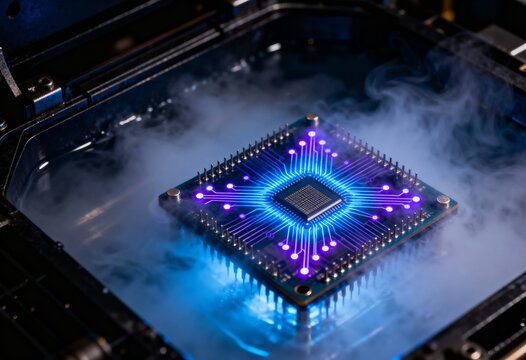 Futuristic AI processor with glowing purple circuits, conceptualizing quantum computing, machine learning, and data processing. - Powered by Adobe