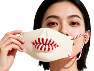 Woman wearing a white face mask with a 3d red and white striped lips design isolated on transparent background