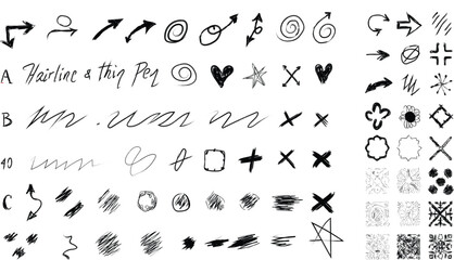 Hand Drawn Doodle Elements Black and White Sketchy Style Variety of Arrows Hearts Stars Scribbles Crosses and Geometric Shapes for Design Projects and Creative Illustrations