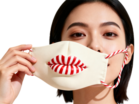 Woman wearing a white face mask with a 3d red and white striped lips design isolated on transparent background - Powered by Adobe