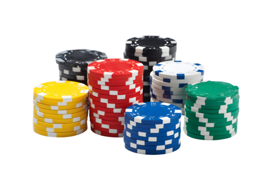 Multicolored poker chip stacks for casino games and gambling